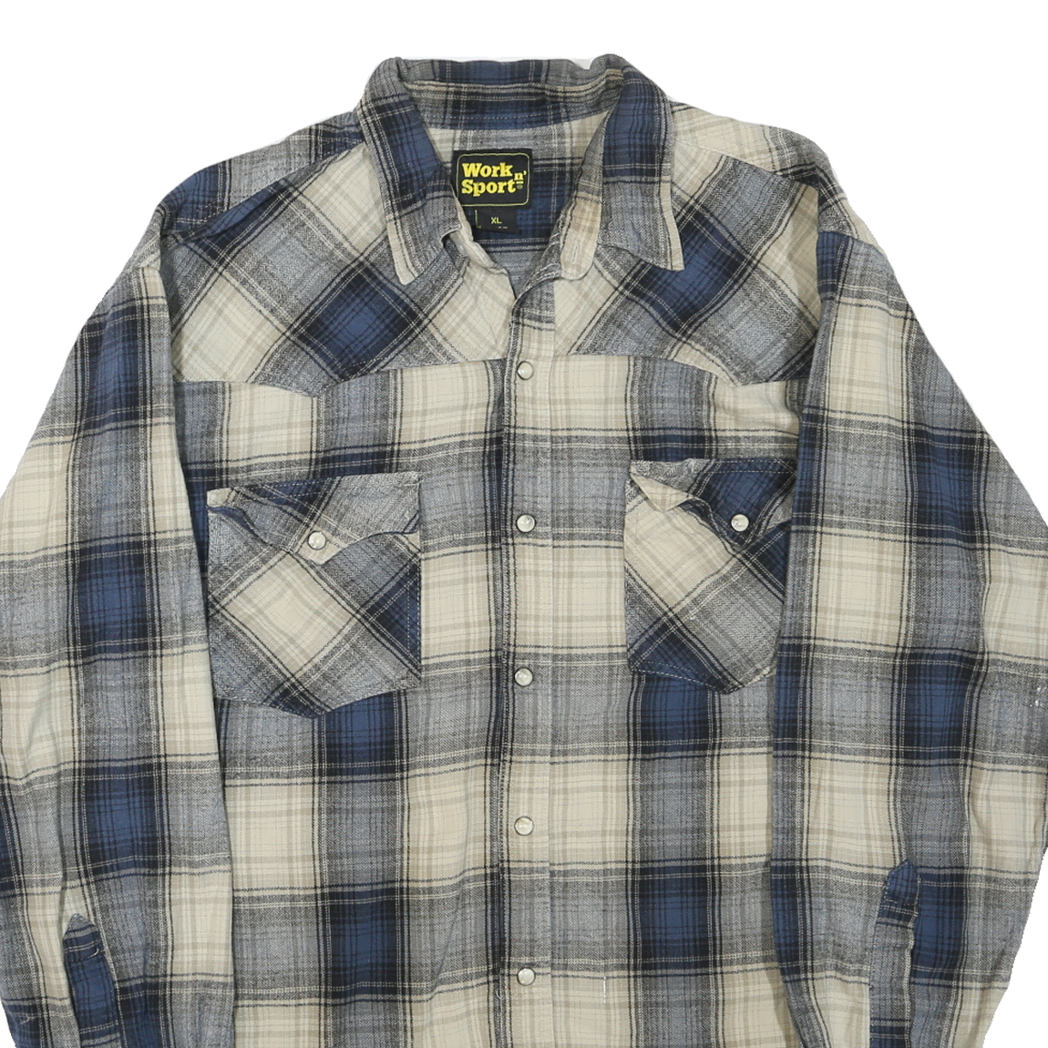 WORK N SPORT Mens Blue & Cream Check Shirt XL Cotton Blend Casual Long Sleeve