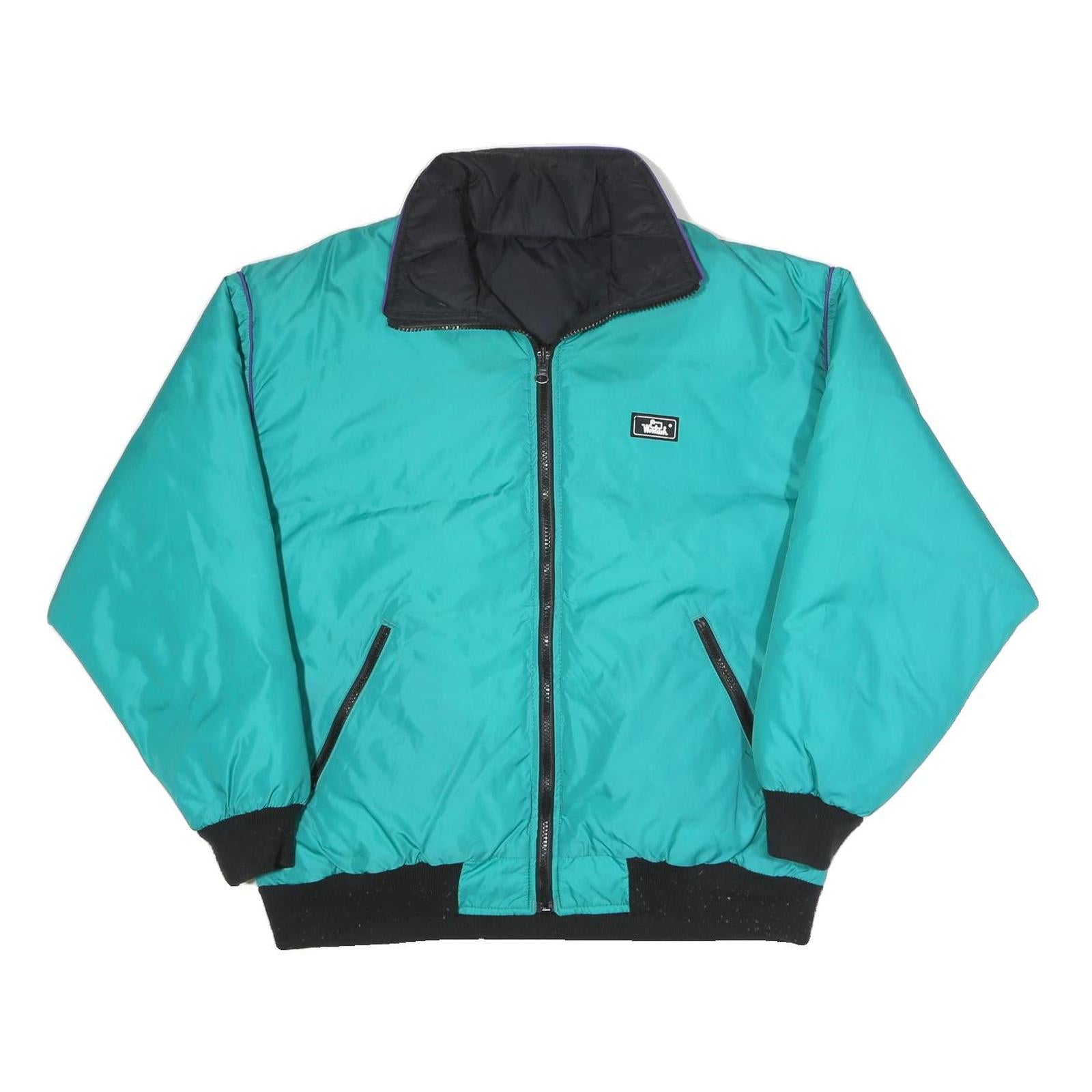 WOOLRICH Womens Turquoise & Black Reversible Puffer Jacket L Polyester Blend Zip