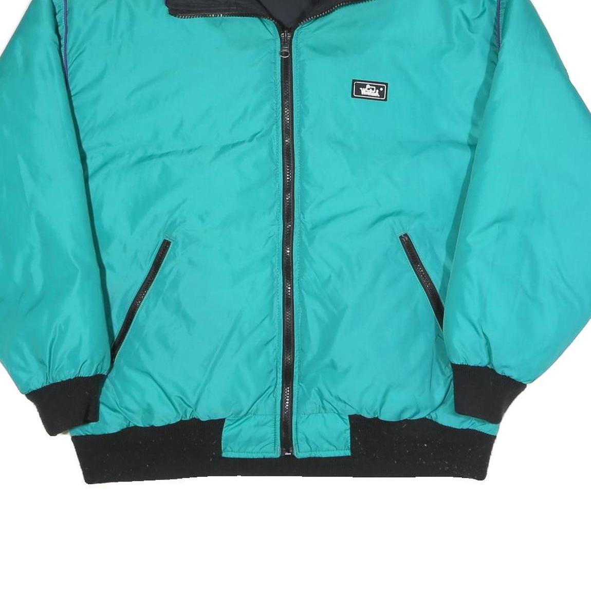 WOOLRICH Womens Turquoise & Black Reversible Puffer Jacket L Polyester Blend Zip