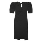 TOPSHOP Womens Black Day Dress Cotton Blend Midi V-Neck UK 12 Puff Sleeve