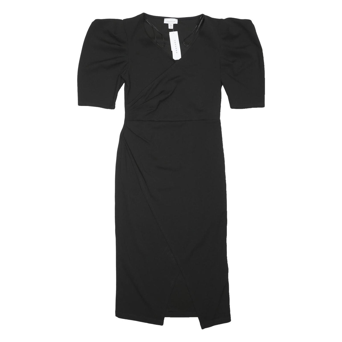 TOPSHOP Womens Black Day Dress Cotton Blend Midi V-Neck UK 12 Puff Sleeve
