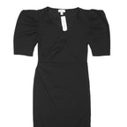 TOPSHOP Womens Black Day Dress Cotton Blend Midi V-Neck UK 12 Puff Sleeve