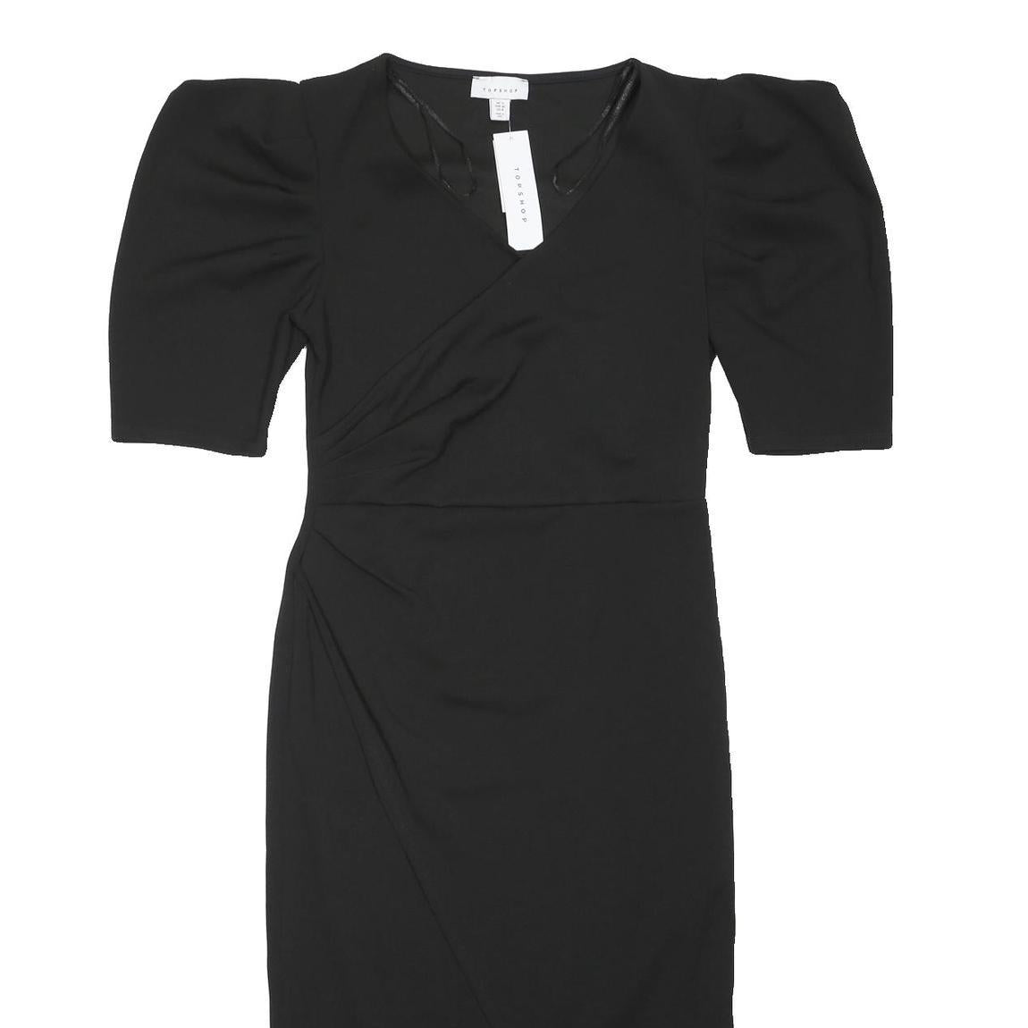 TOPSHOP Womens Black Day Dress Cotton Blend Midi V-Neck UK 12 Puff Sleeve