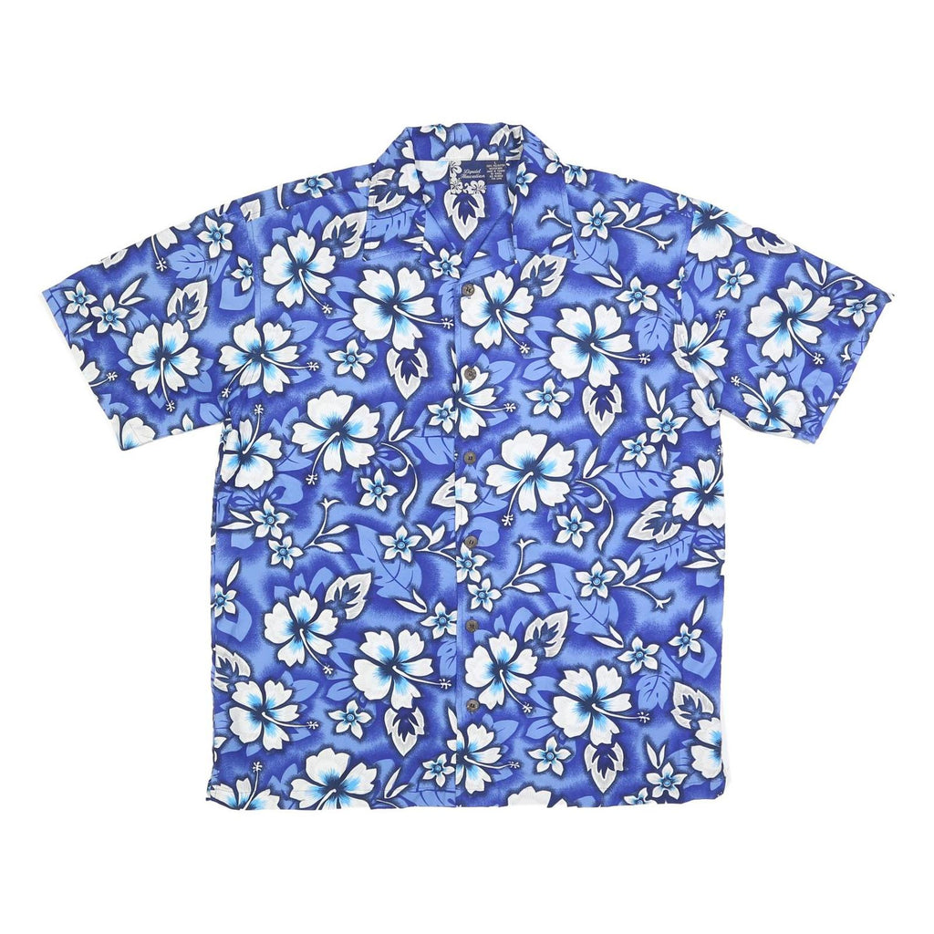 LIQUID HAWAIIAN Mens Blue & White Floral Hawaiian Shirt L Polyester Casual