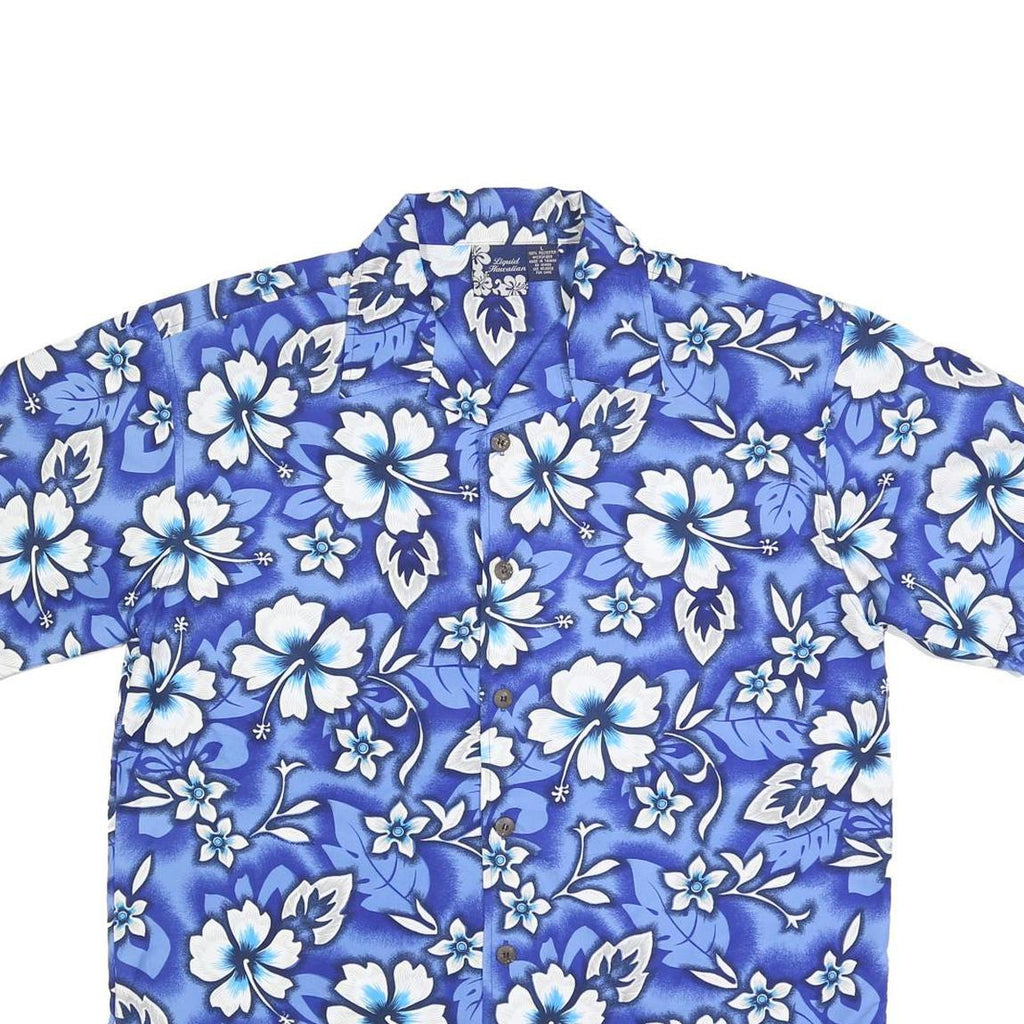 LIQUID HAWAIIAN Mens Blue & White Floral Hawaiian Shirt L Polyester Casual