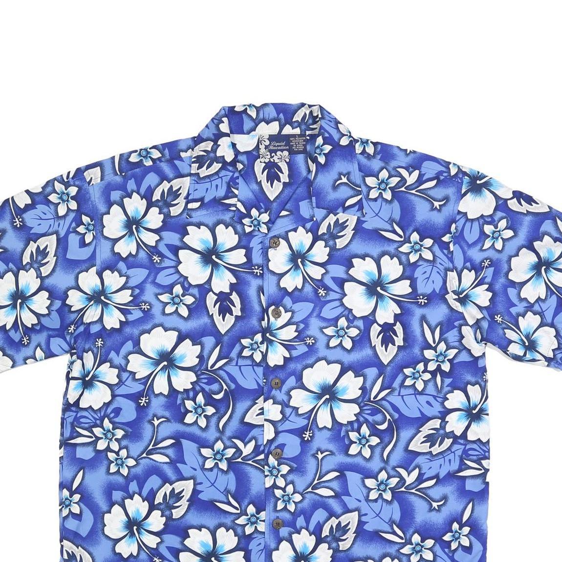 LIQUID HAWAIIAN Mens Blue & White Floral Hawaiian Shirt L Polyester Casual