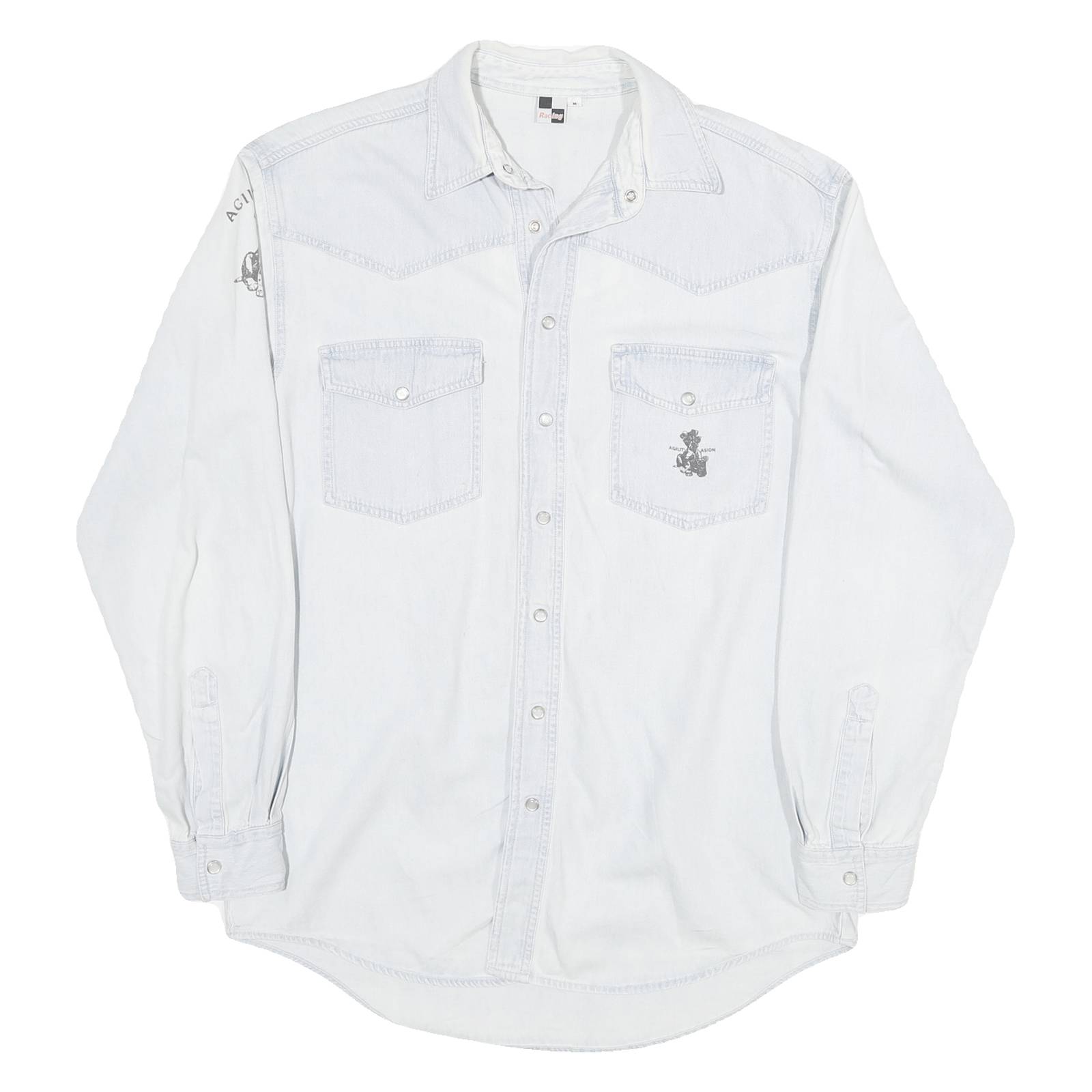 RACING Mens White Light Wash Western Style L Cotton Blend Cool Dog Print Shirt
