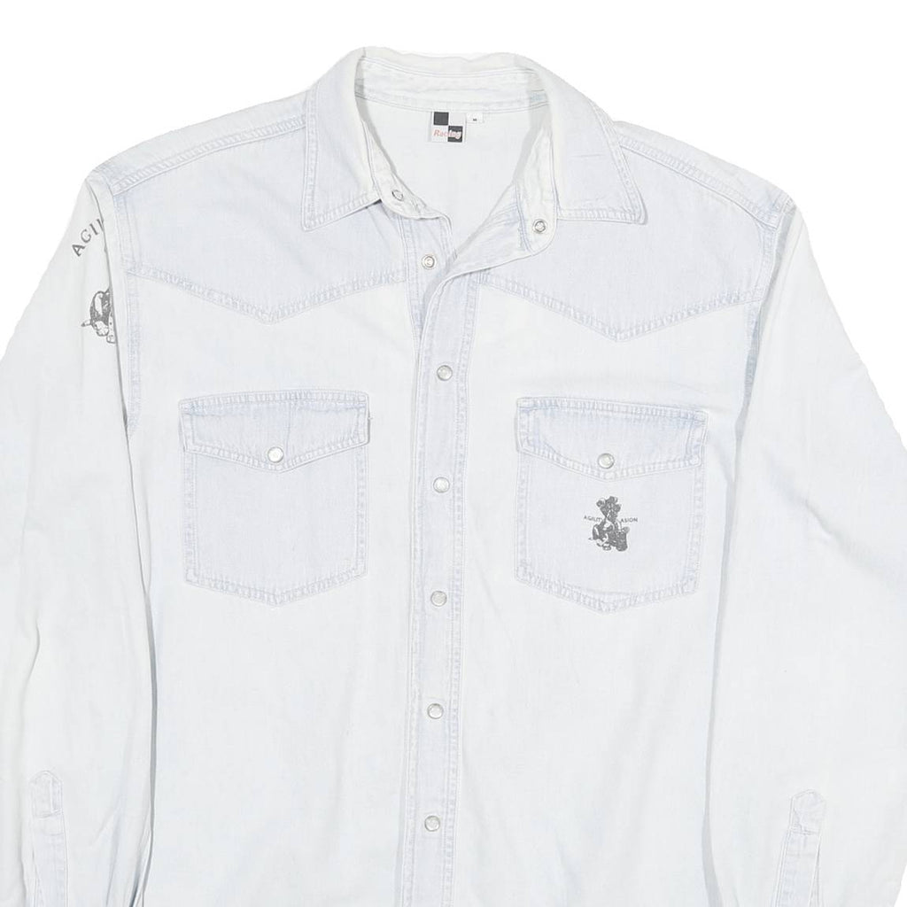 RACING Mens White Light Wash Western Style L Cotton Blend Cool Dog Print Shirt