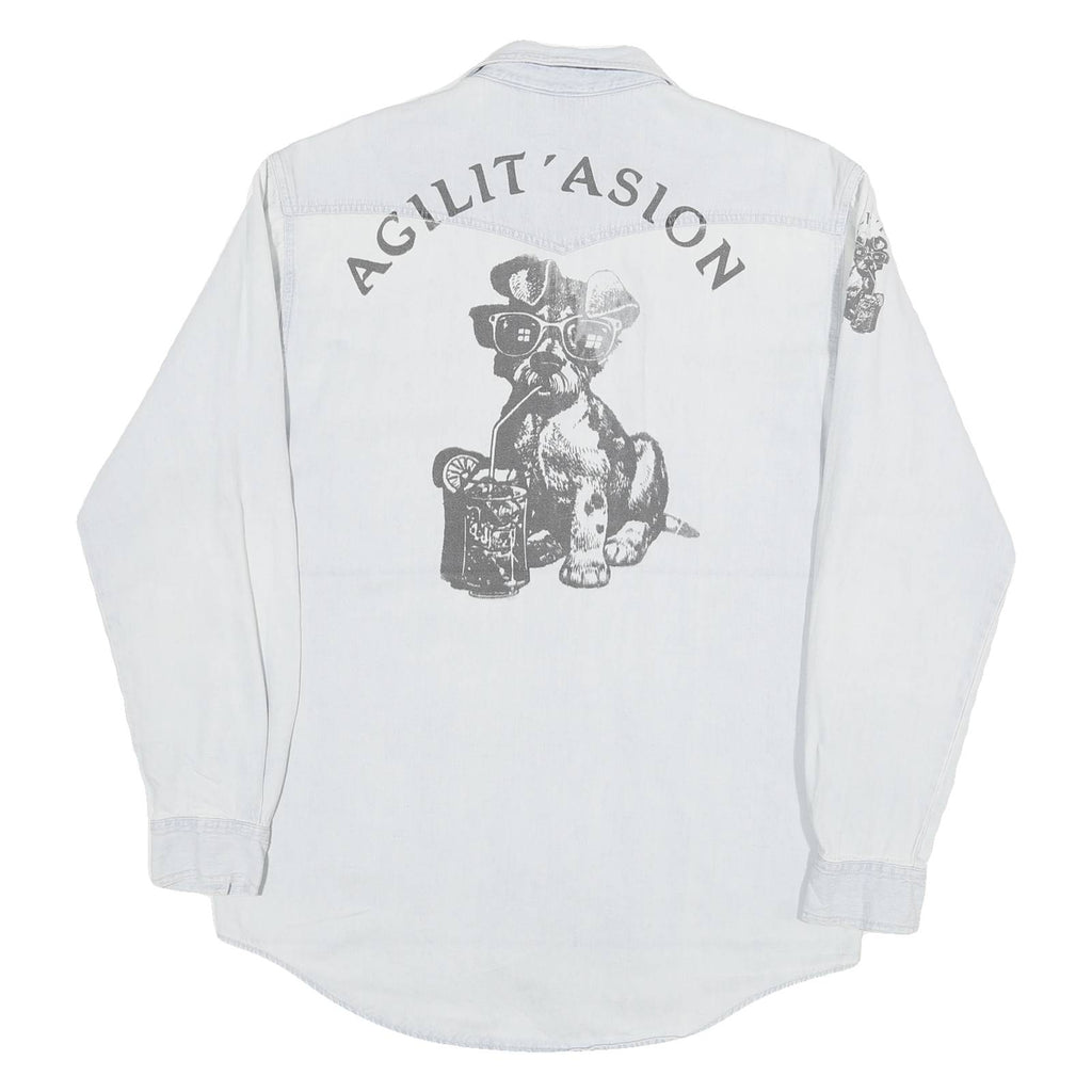 RACING Mens White Light Wash Western Style L Cotton Blend Cool Dog Print Shirt