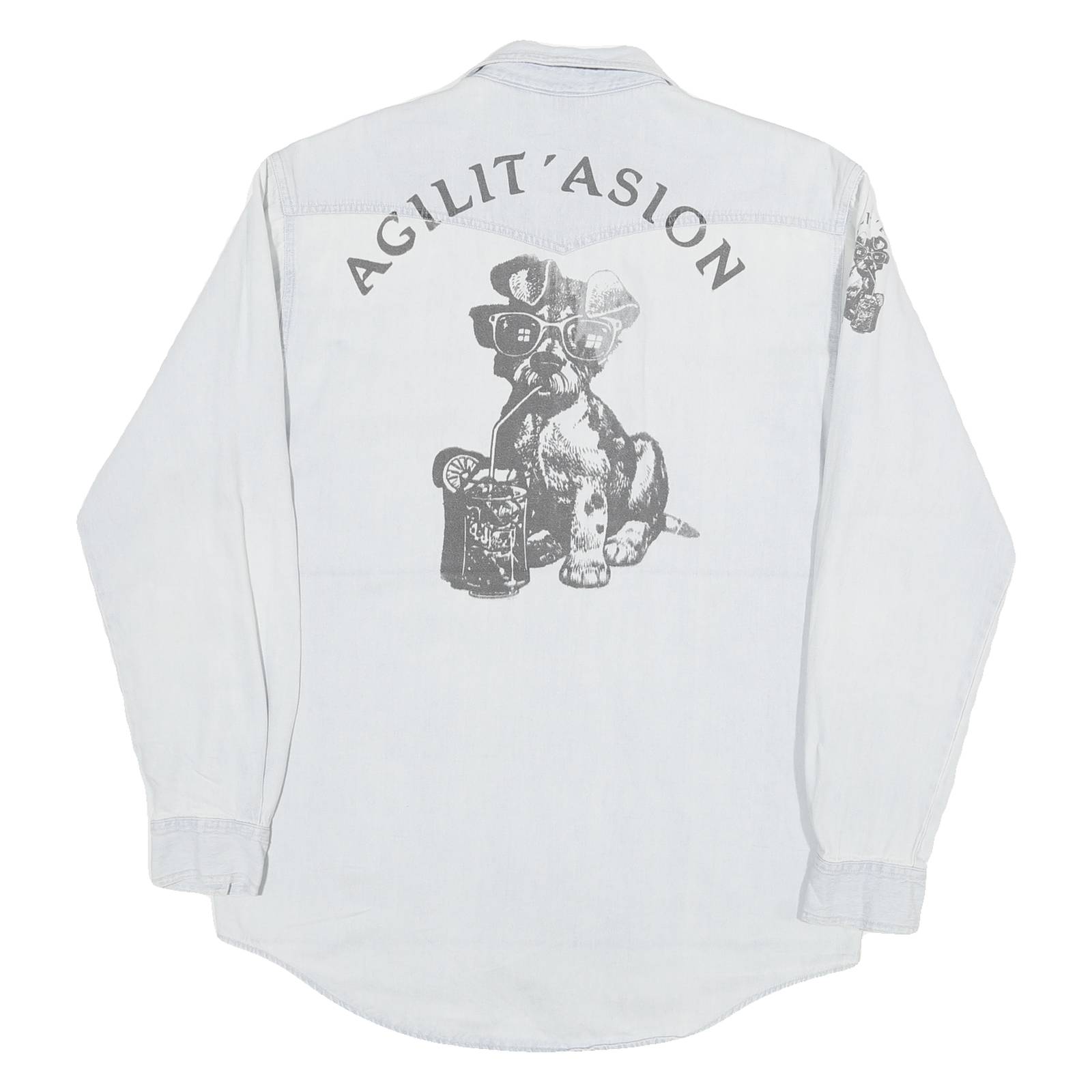 RACING Mens White Light Wash Western Style L Cotton Blend Cool Dog Print Shirt