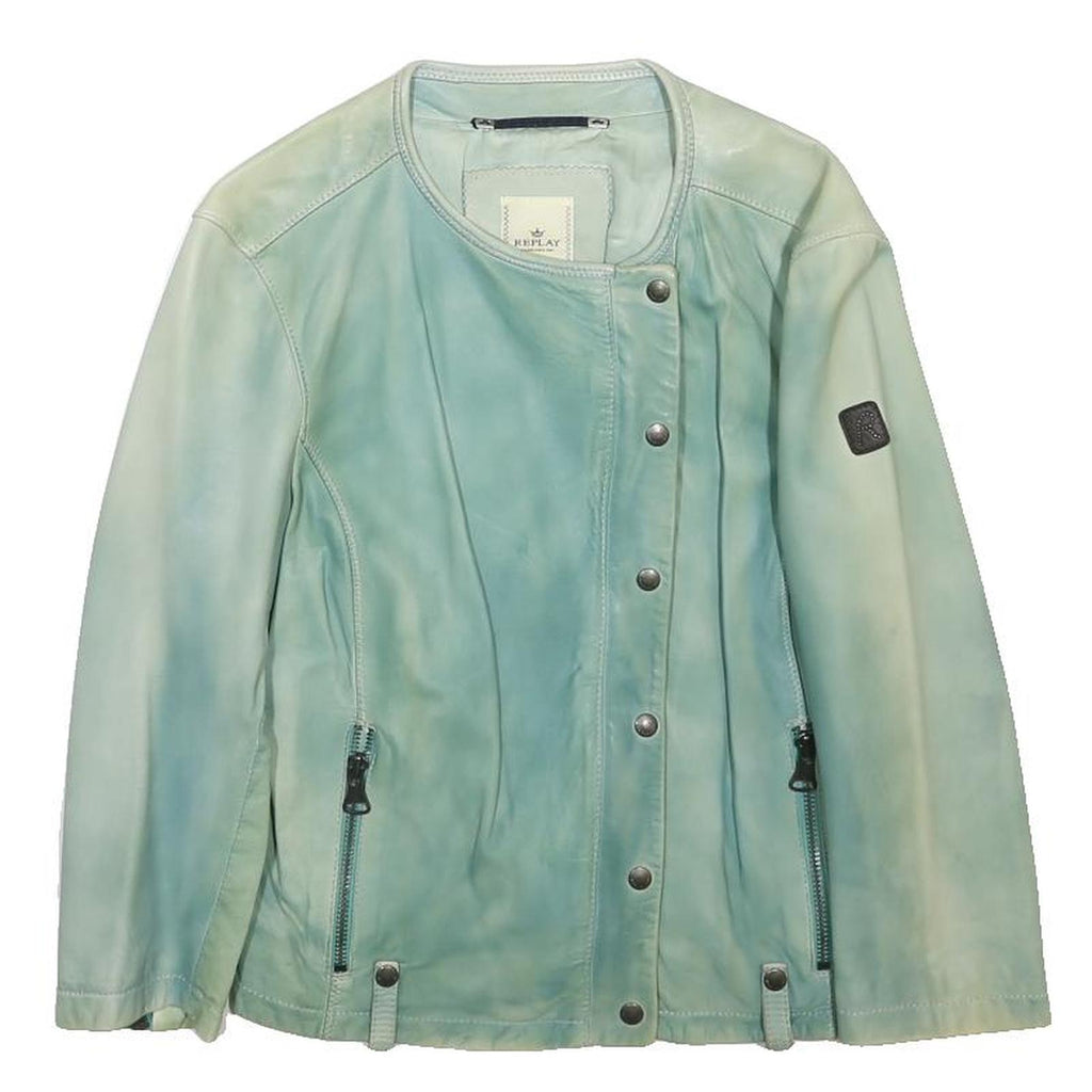 REPLAY Womens Blue Leather Jacket L Leather Plain Zip Casual Stylish
