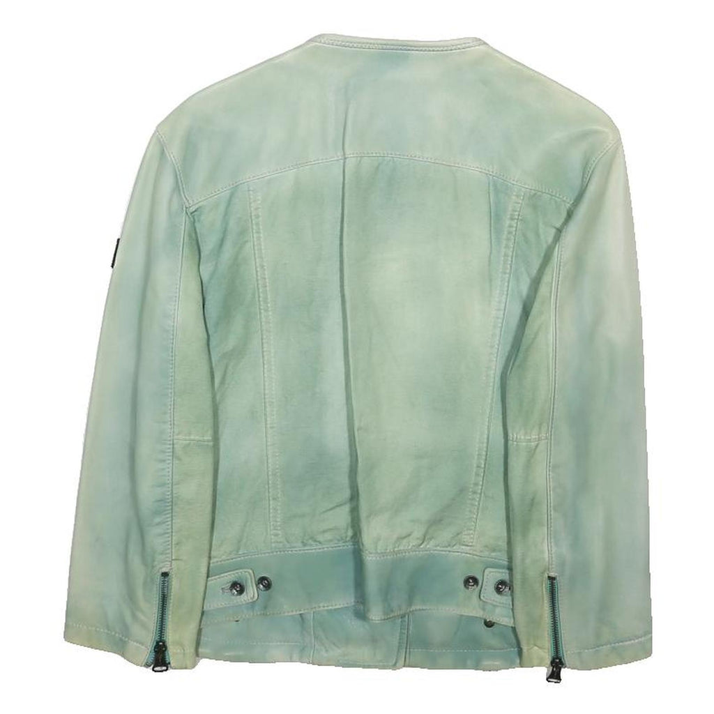 REPLAY Womens Blue Leather Jacket L Leather Plain Zip Casual Stylish