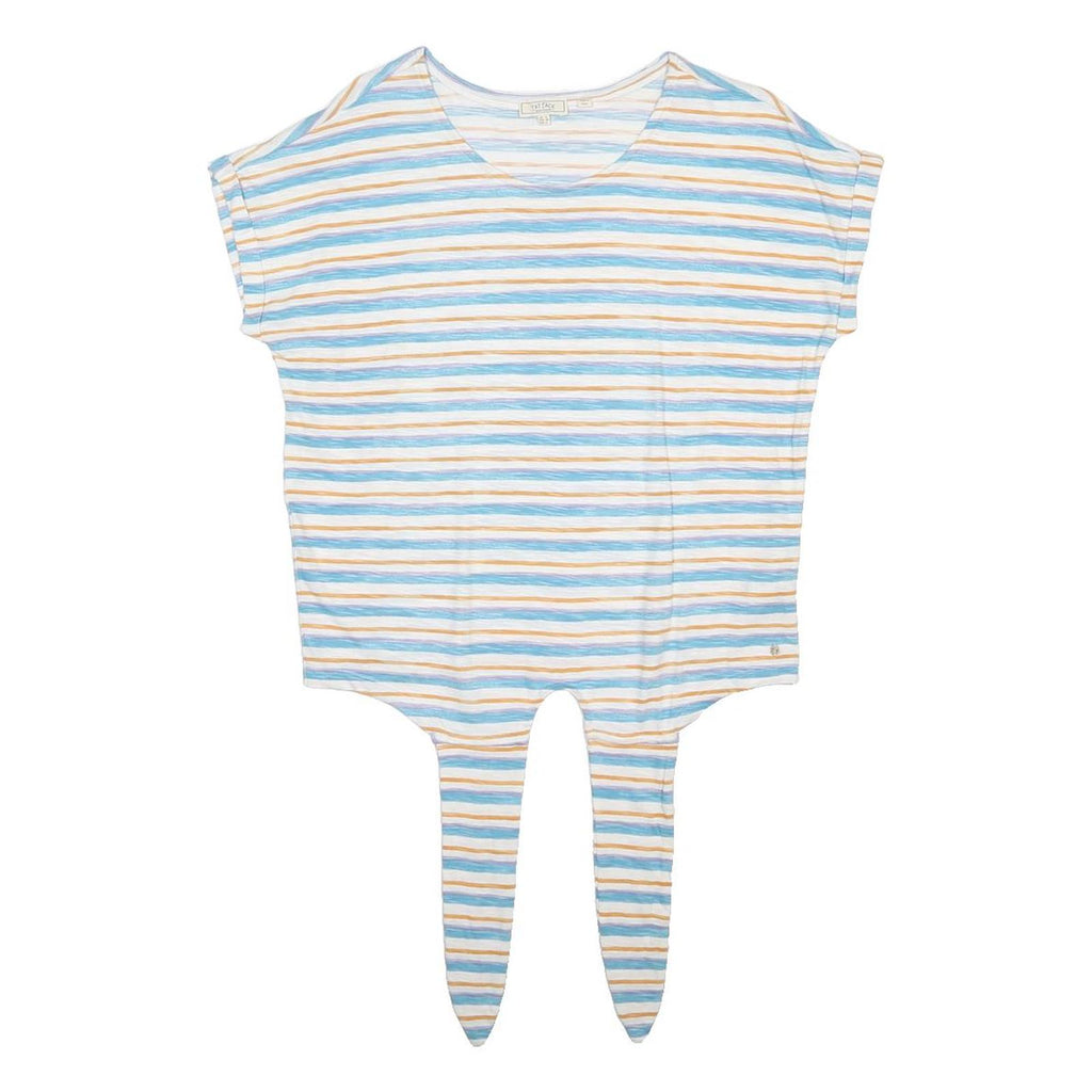 FAT FACE Womens Blue & Yellow Striped Basic Top Short Sleeve Round Neck UK 8