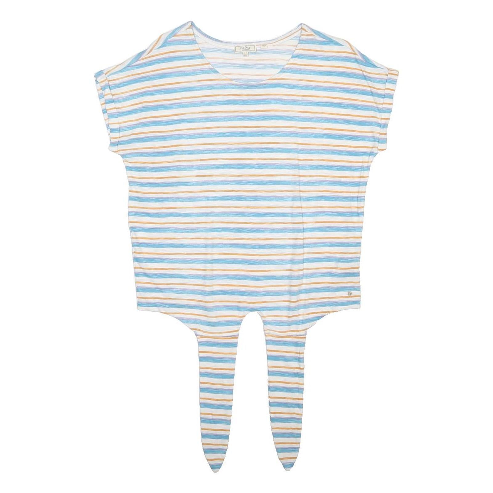 FAT FACE Womens Blue & Yellow Striped Basic Top Short Sleeve Round Neck UK 8