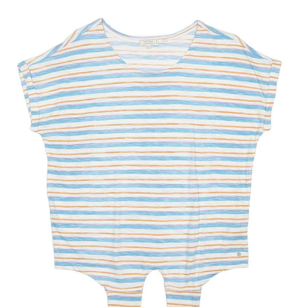 FAT FACE Womens Blue & Yellow Striped Basic Top Short Sleeve Round Neck UK 8