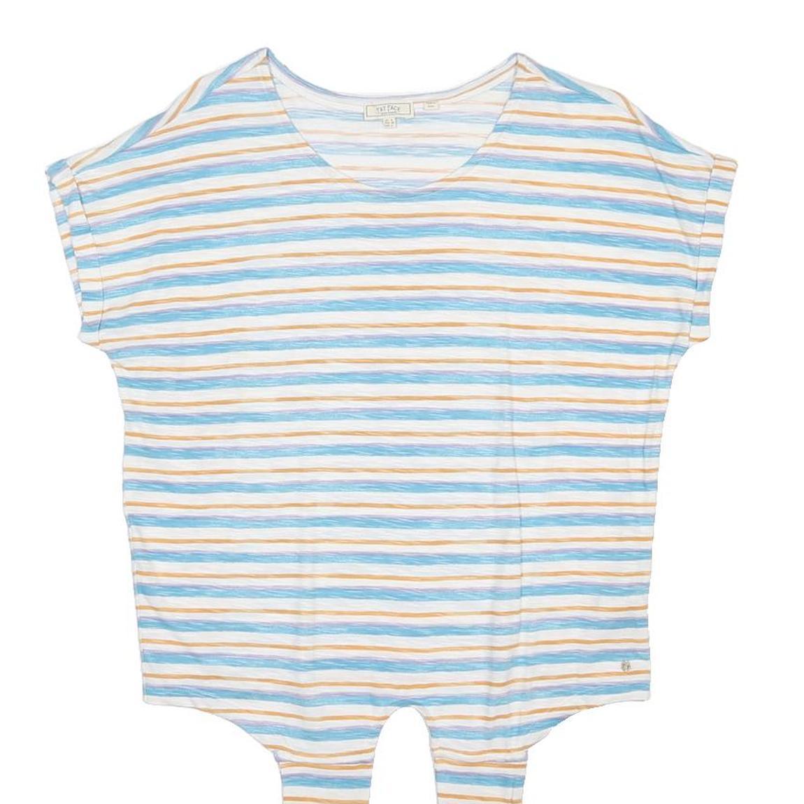 FAT FACE Womens Blue & Yellow Striped Basic Top Short Sleeve Round Neck UK 8