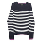 MASSIMO DUTTI Womens Navy Blue & White Striped Patterned Crew Neck Basic Knit