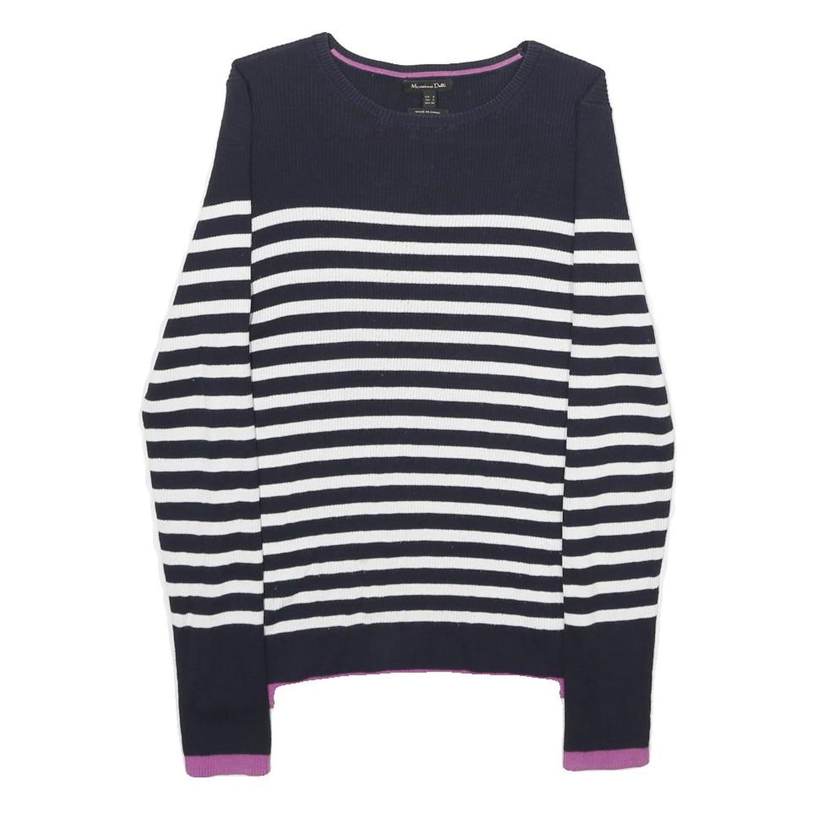 MASSIMO DUTTI Womens Navy Blue & White Striped Patterned Crew Neck Basic Knit