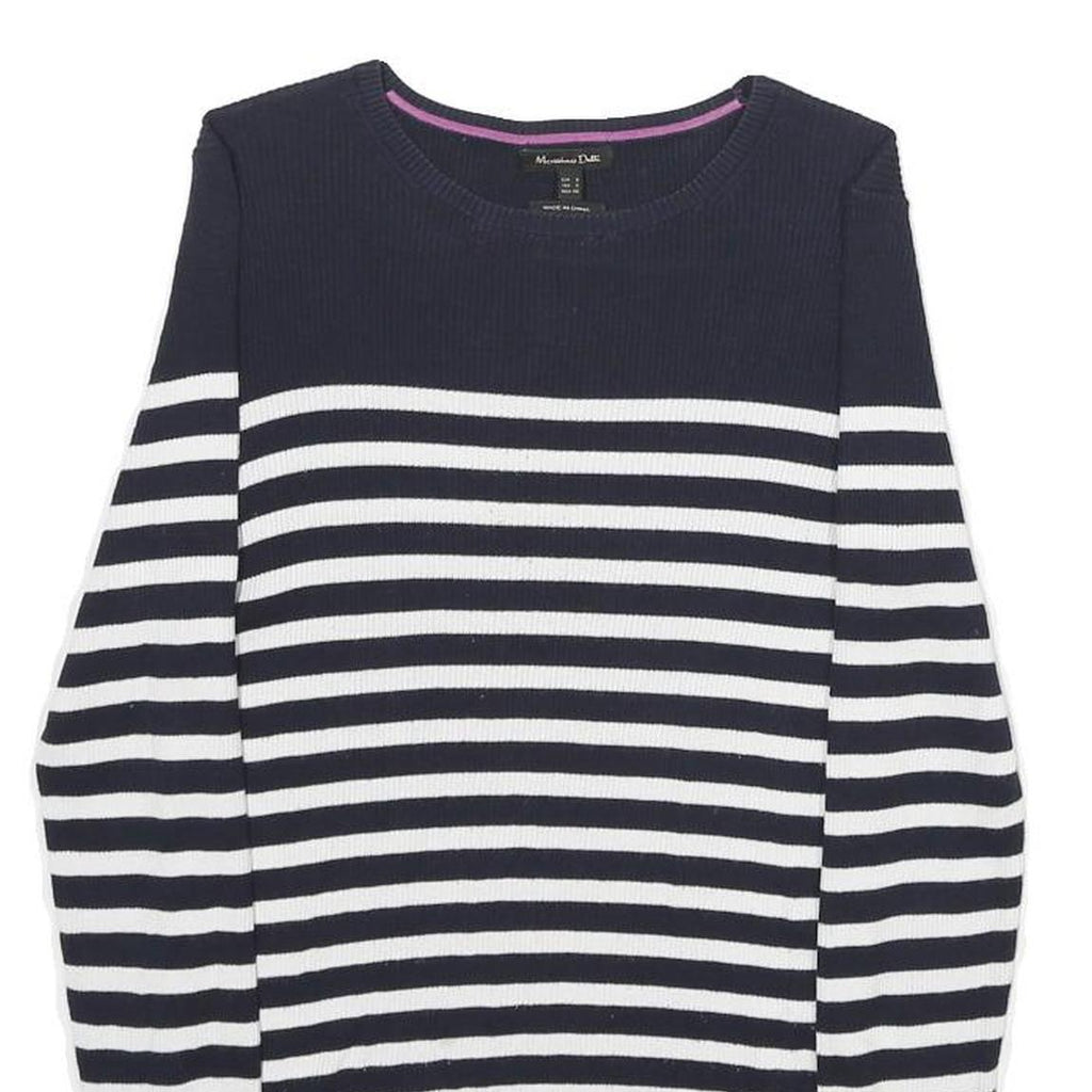 MASSIMO DUTTI Womens Navy Blue & White Striped Patterned Crew Neck Basic Knit