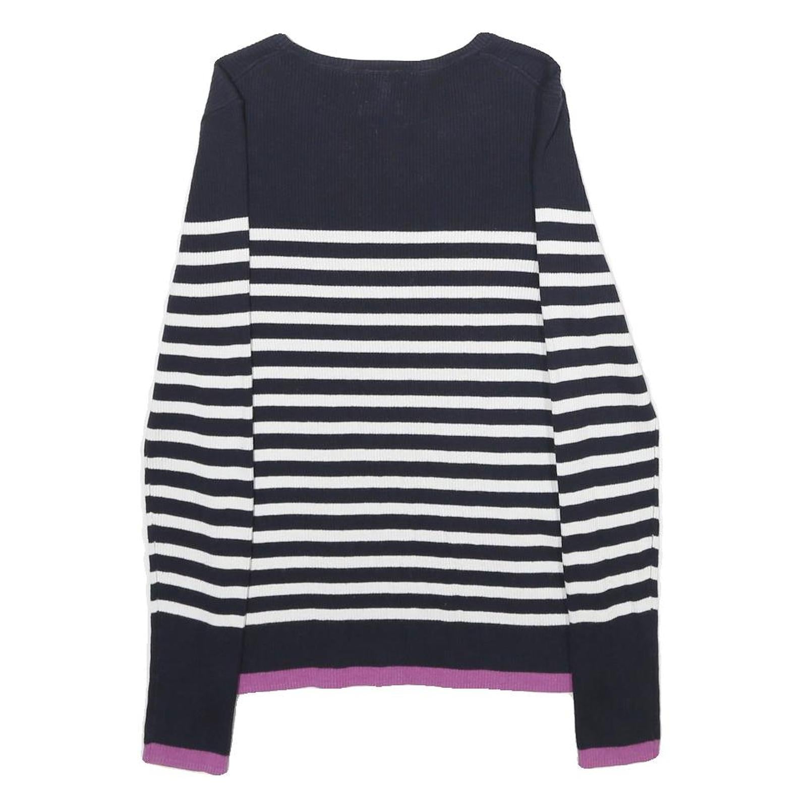 MASSIMO DUTTI Womens Navy Blue & White Striped Patterned Crew Neck Basic Knit