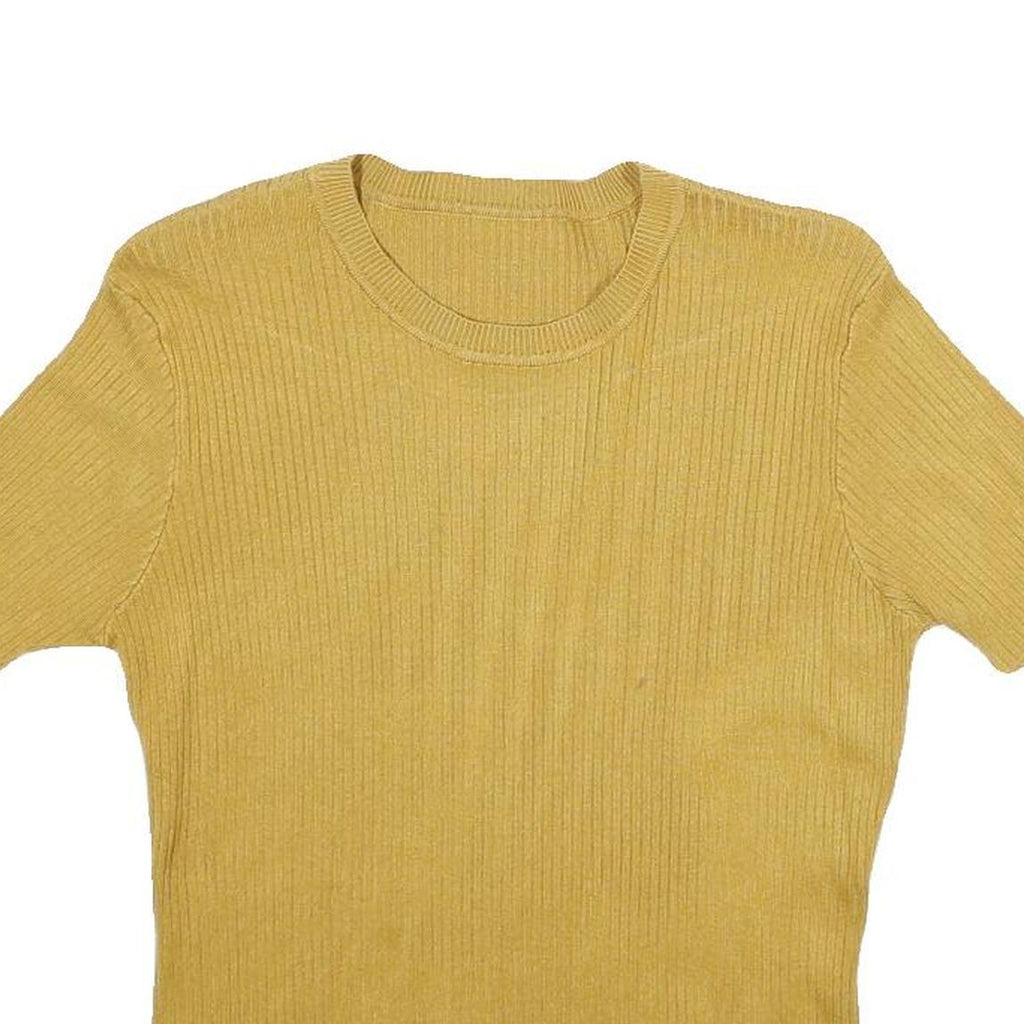 Womens Yellow Plain Jumper Crew Neck Rib Knit S Casual Knitwear Top Short Sleeve