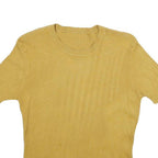 Womens Yellow Plain Jumper Crew Neck Rib Knit S Casual Knitwear Top Short Sleeve