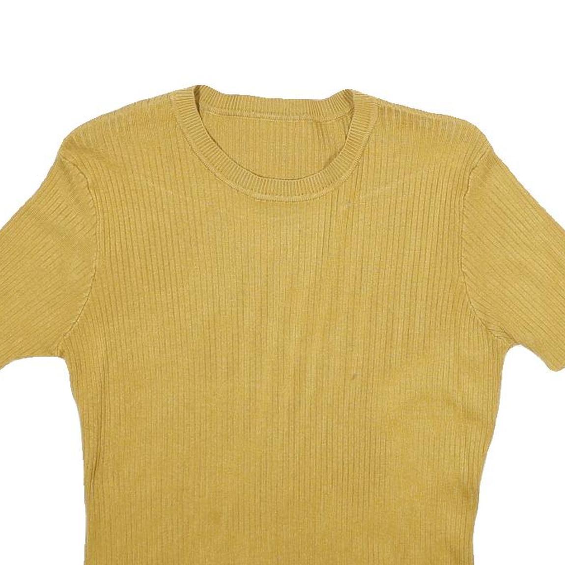 Womens Yellow Plain Jumper Crew Neck Rib Knit S Casual Knitwear Top Short Sleeve