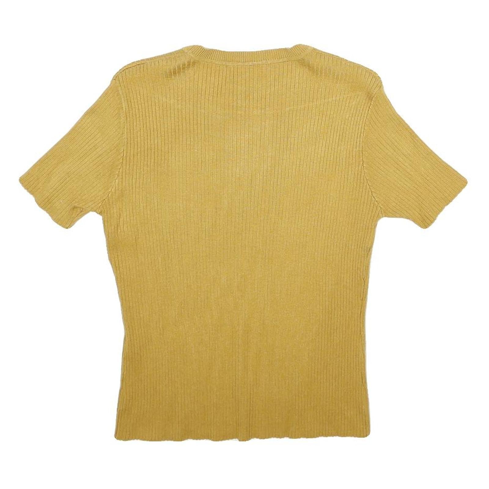Womens Yellow Plain Jumper Crew Neck Rib Knit S Casual Knitwear Top Short Sleeve