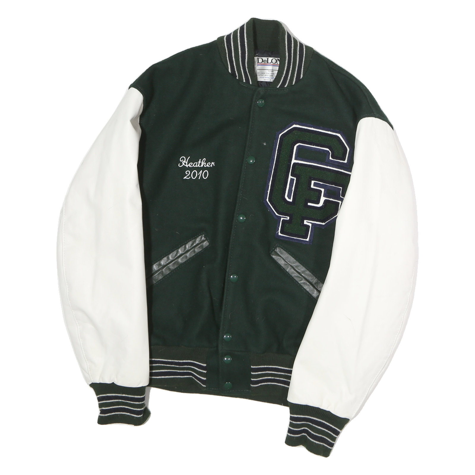 DELONG Mens Green & White Varsity Jacket S Polyester Blend Button Front