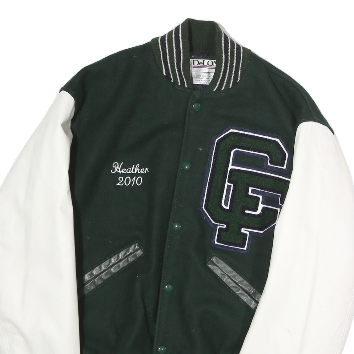 DELONG Mens Green & White Varsity Jacket S Polyester Blend Button Front