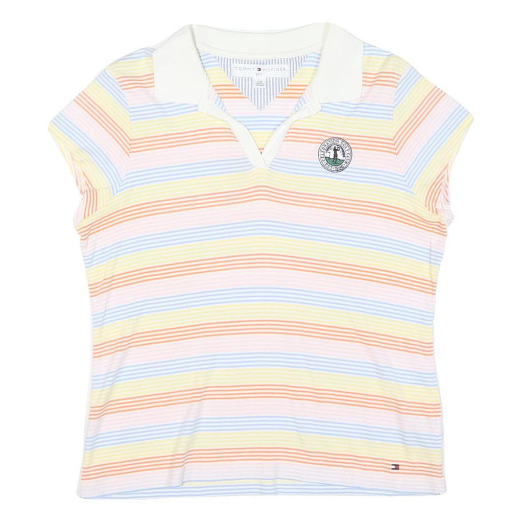 TOMMY HILFIGER Womens White & Pastel Striped Short Sleeve Polo Shirt L Cotton