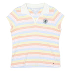 TOMMY HILFIGER Womens White & Pastel Striped Short Sleeve Polo Shirt L Cotton
