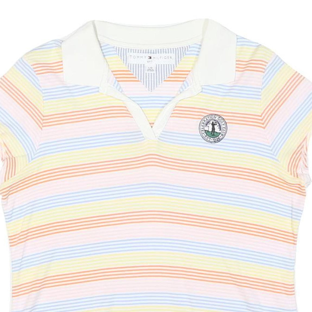 TOMMY HILFIGER Womens White & Pastel Striped Short Sleeve Polo Shirt L Cotton