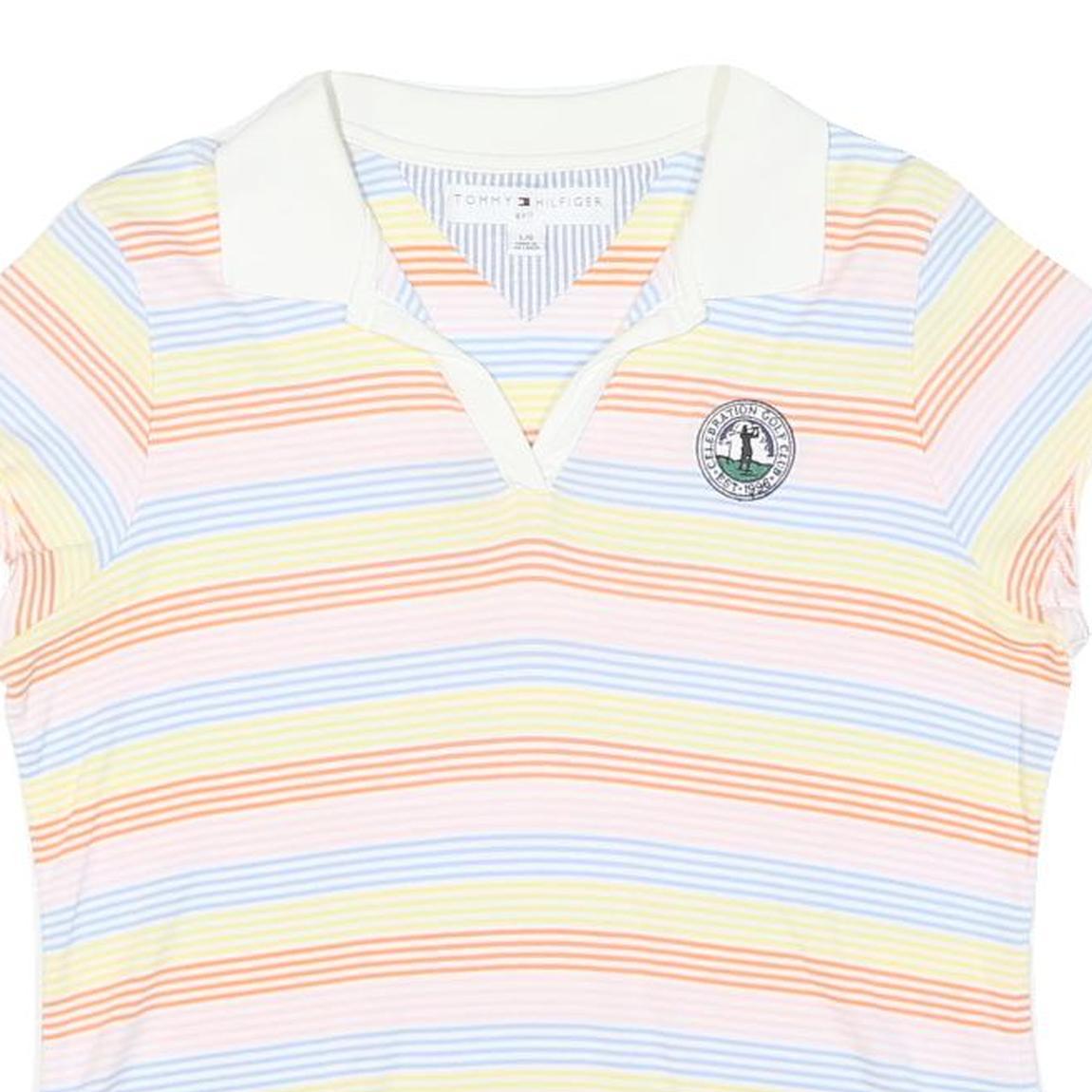 TOMMY HILFIGER Womens White & Pastel Striped Short Sleeve Polo Shirt L Cotton