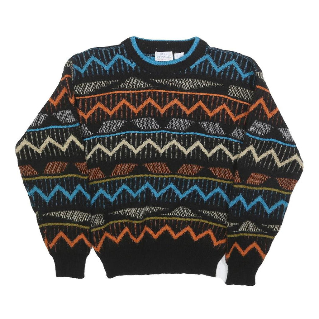 SAFE PASSAGE Womens Black Blue Orange Patterned Jumper Crew Neck M Acrylic Knit