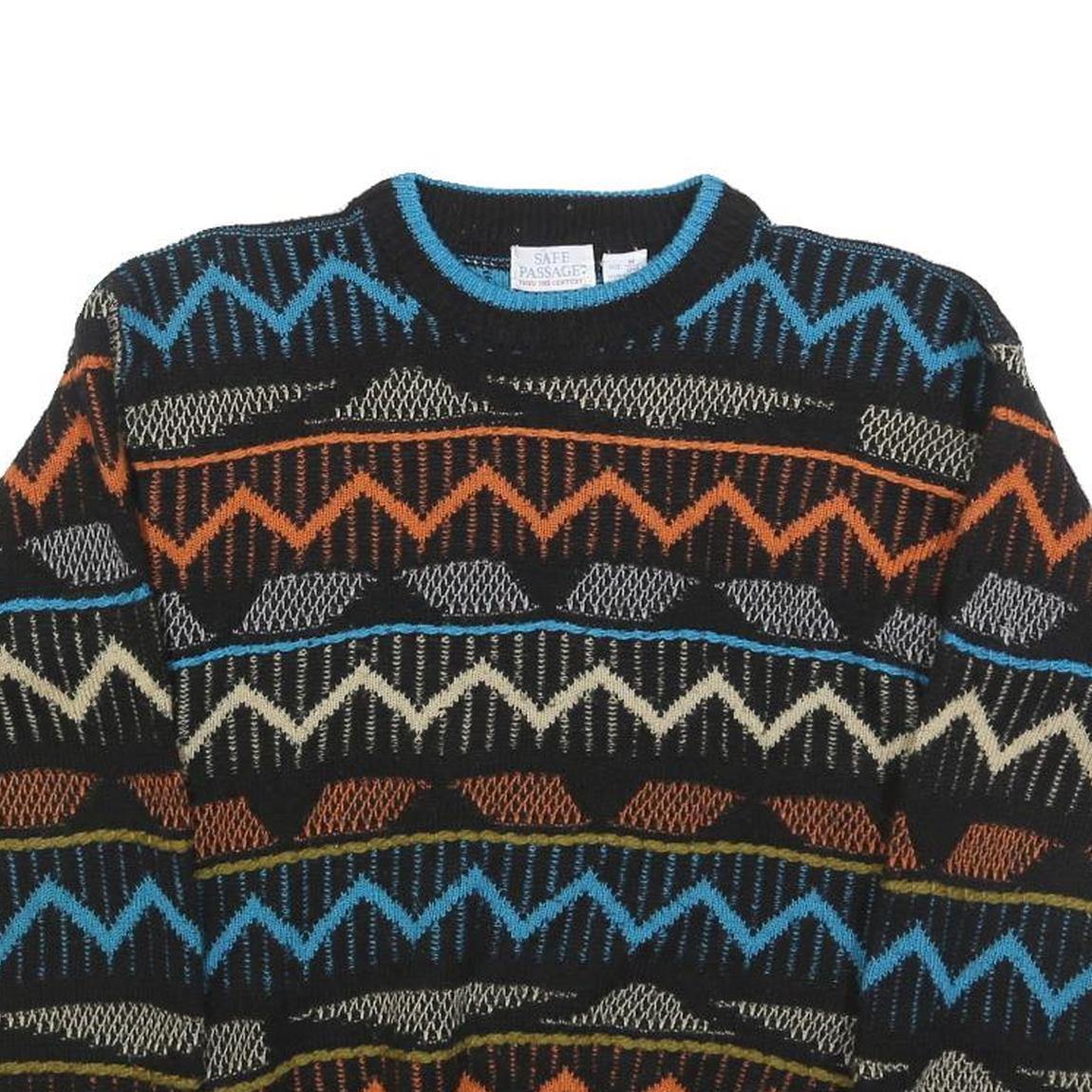 SAFE PASSAGE Womens Black Blue Orange Patterned Jumper Crew Neck M Acrylic Knit