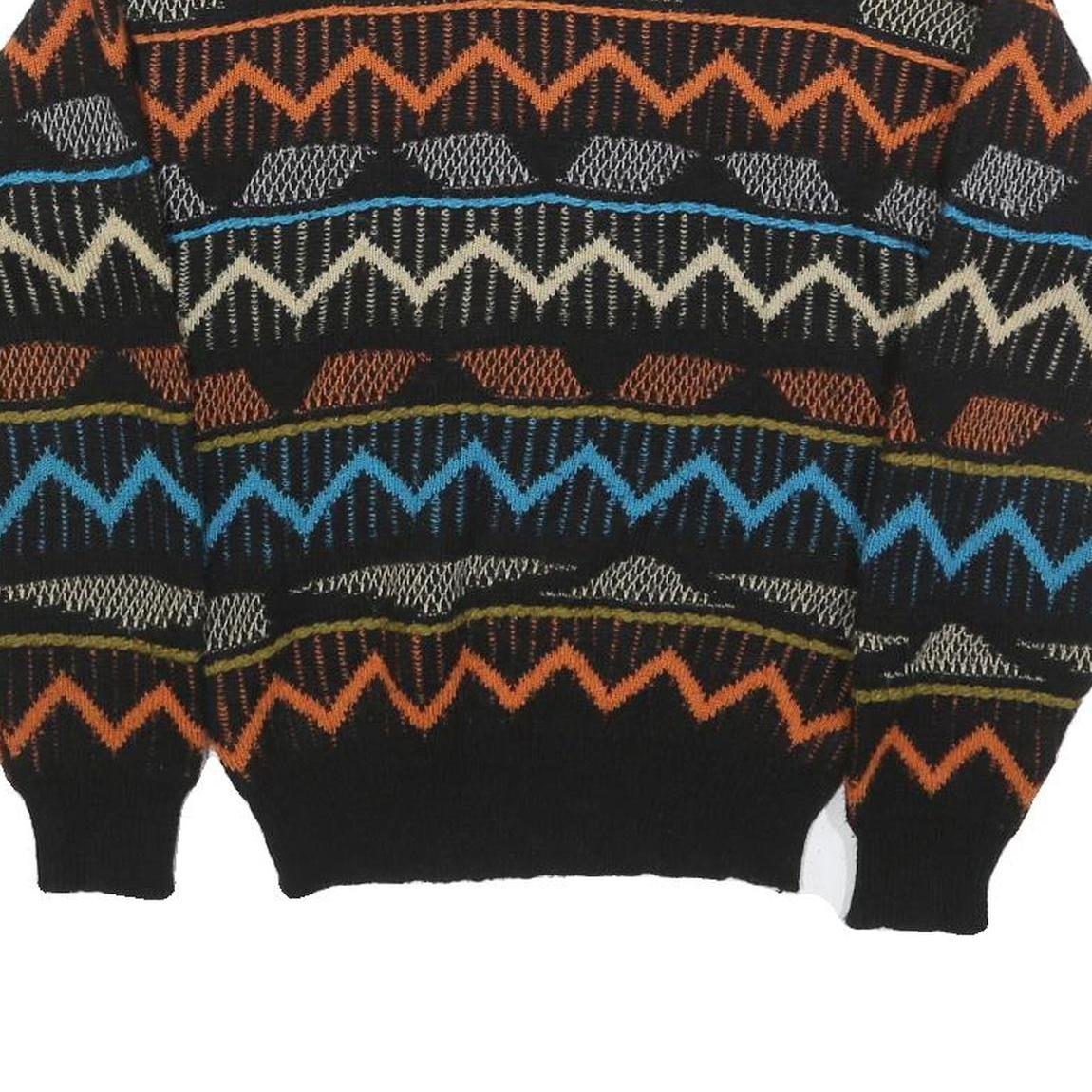 SAFE PASSAGE Womens Black Blue Orange Patterned Jumper Crew Neck M Acrylic Knit