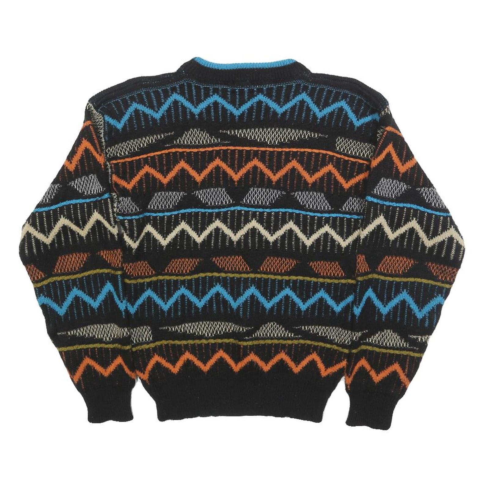 SAFE PASSAGE Womens Black Blue Orange Patterned Jumper Crew Neck M Acrylic Knit