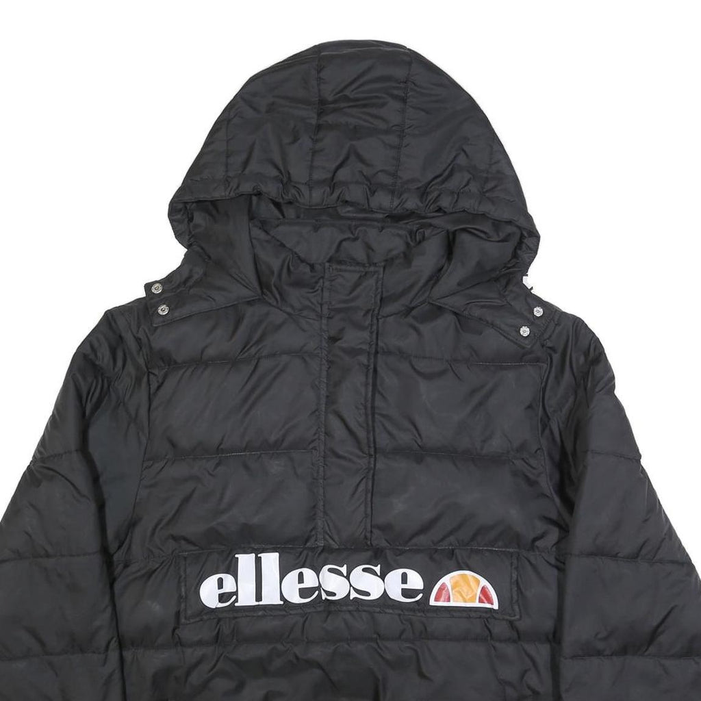 ELLESSE Womens Black Synthetic Puffer Jacket UK 16 Hooded Zip Logo Contrast