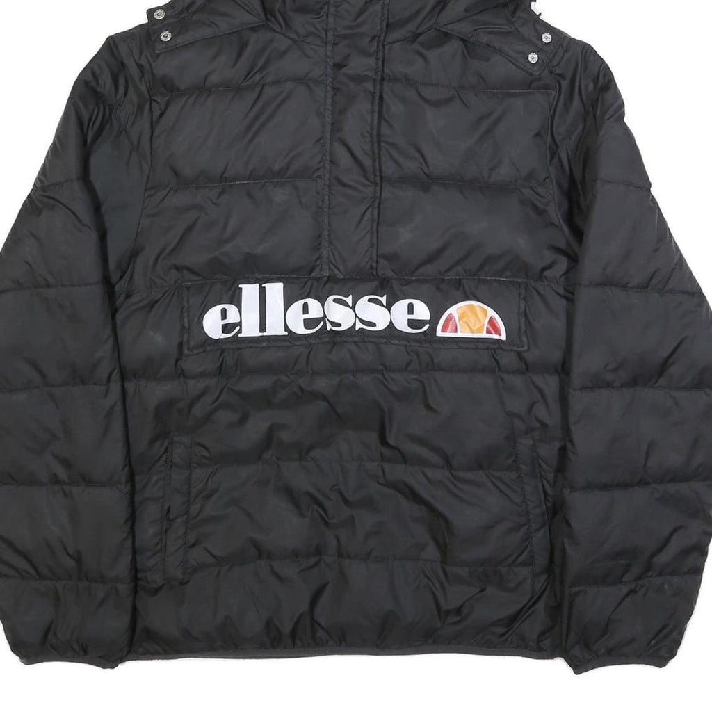 ELLESSE Womens Black Synthetic Puffer Jacket UK 16 Hooded Zip Logo Contrast