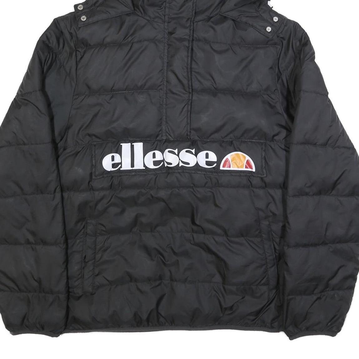 ELLESSE Womens Black Synthetic Puffer Jacket UK 16 Hooded Zip Logo Contrast