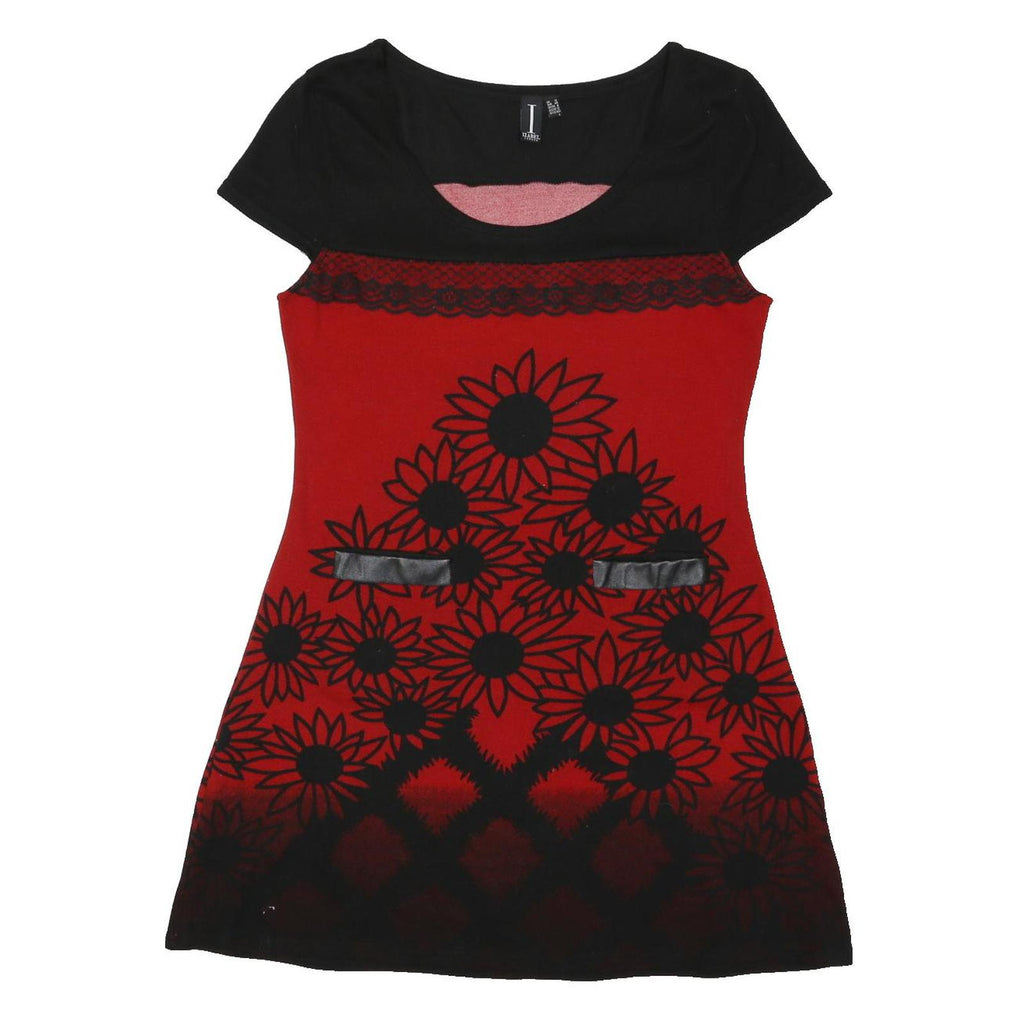 IZABEL Womens Red & Black Floral Short Sleeve A-Line Polyester Blend Dress UK 12