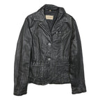 LEONARDO Womens Black Leather Button Jacket S Woven Classic Tailored