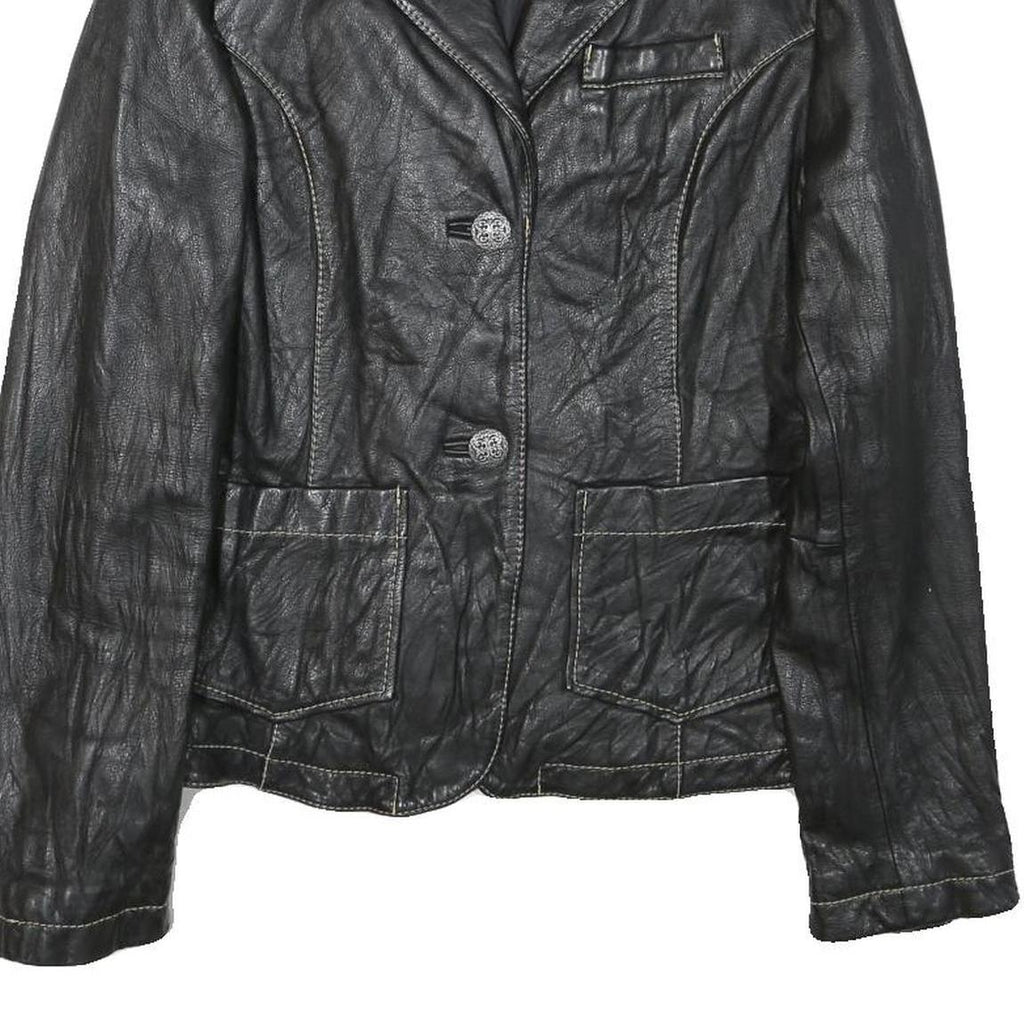 LEONARDO Womens Black Leather Button Jacket S Woven Classic Tailored