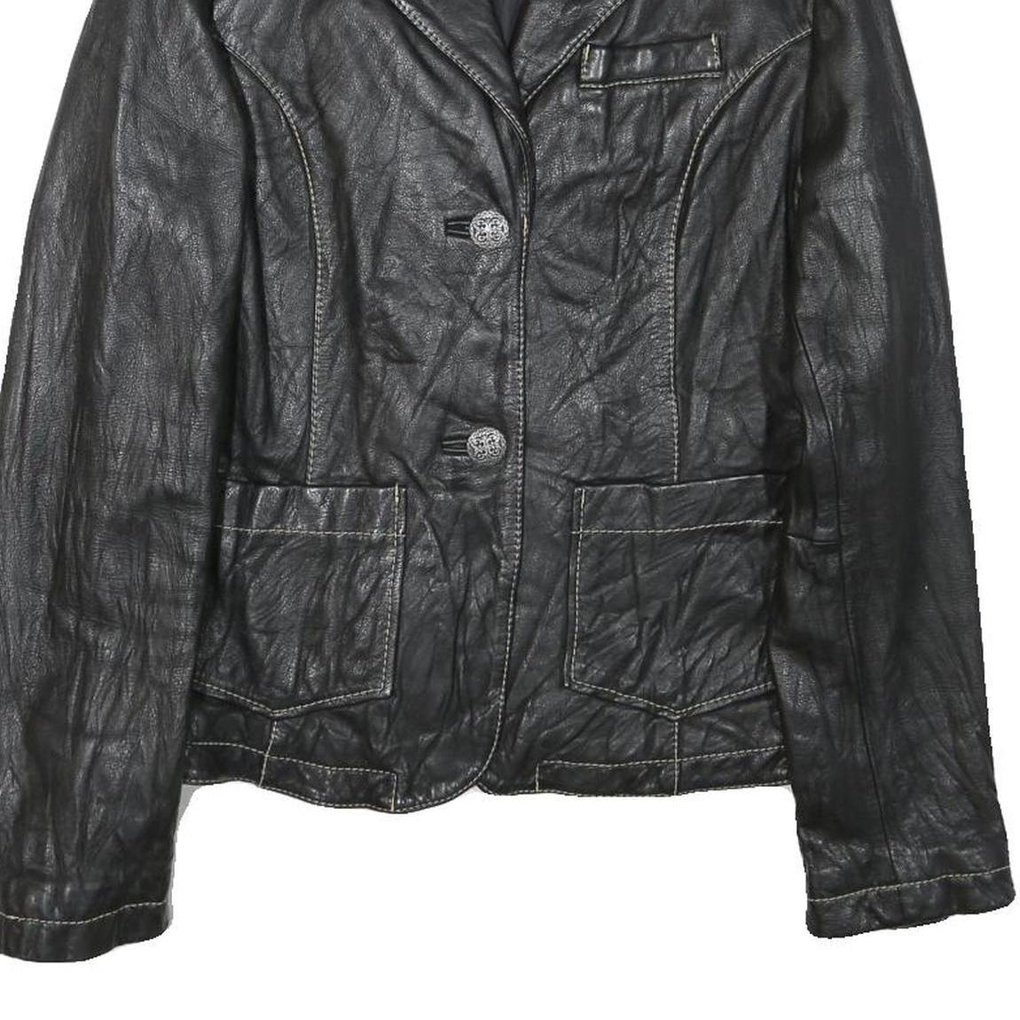 LEONARDO Womens Black Leather Button Jacket S Woven Classic Tailored
