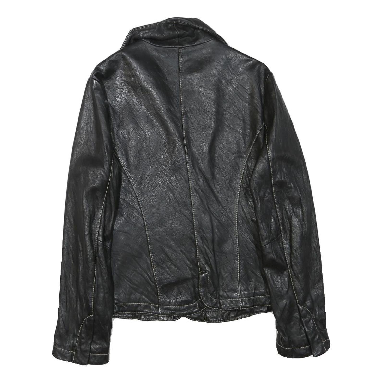 LEONARDO Womens Black Leather Button Jacket S Woven Classic Tailored