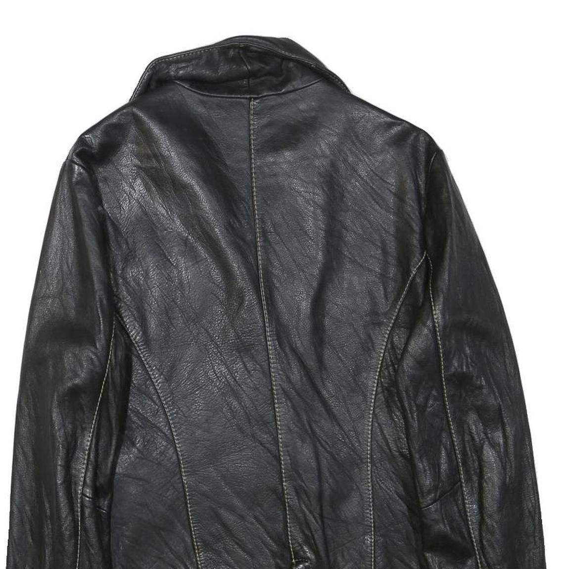 LEONARDO Womens Black Leather Button Jacket S Woven Classic Tailored