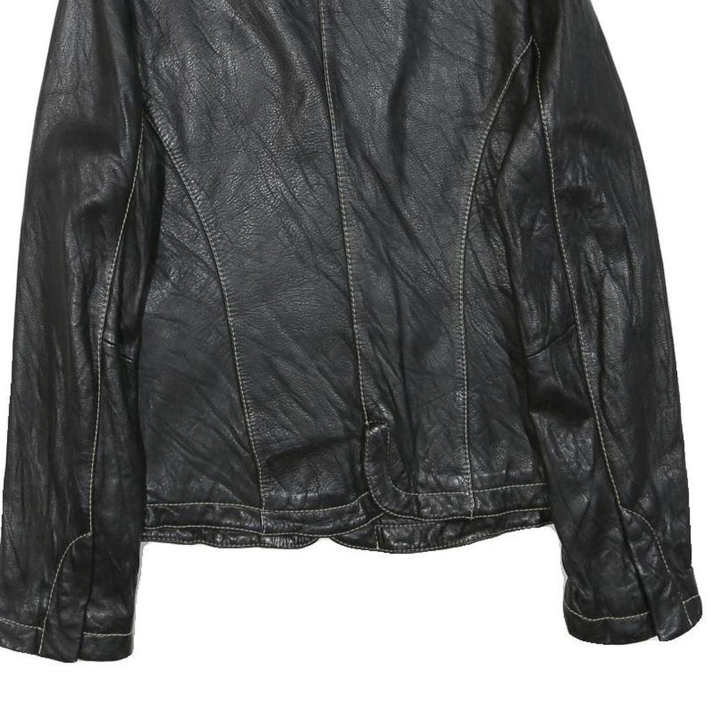 LEONARDO Womens Black Leather Button Jacket S Woven Classic Tailored