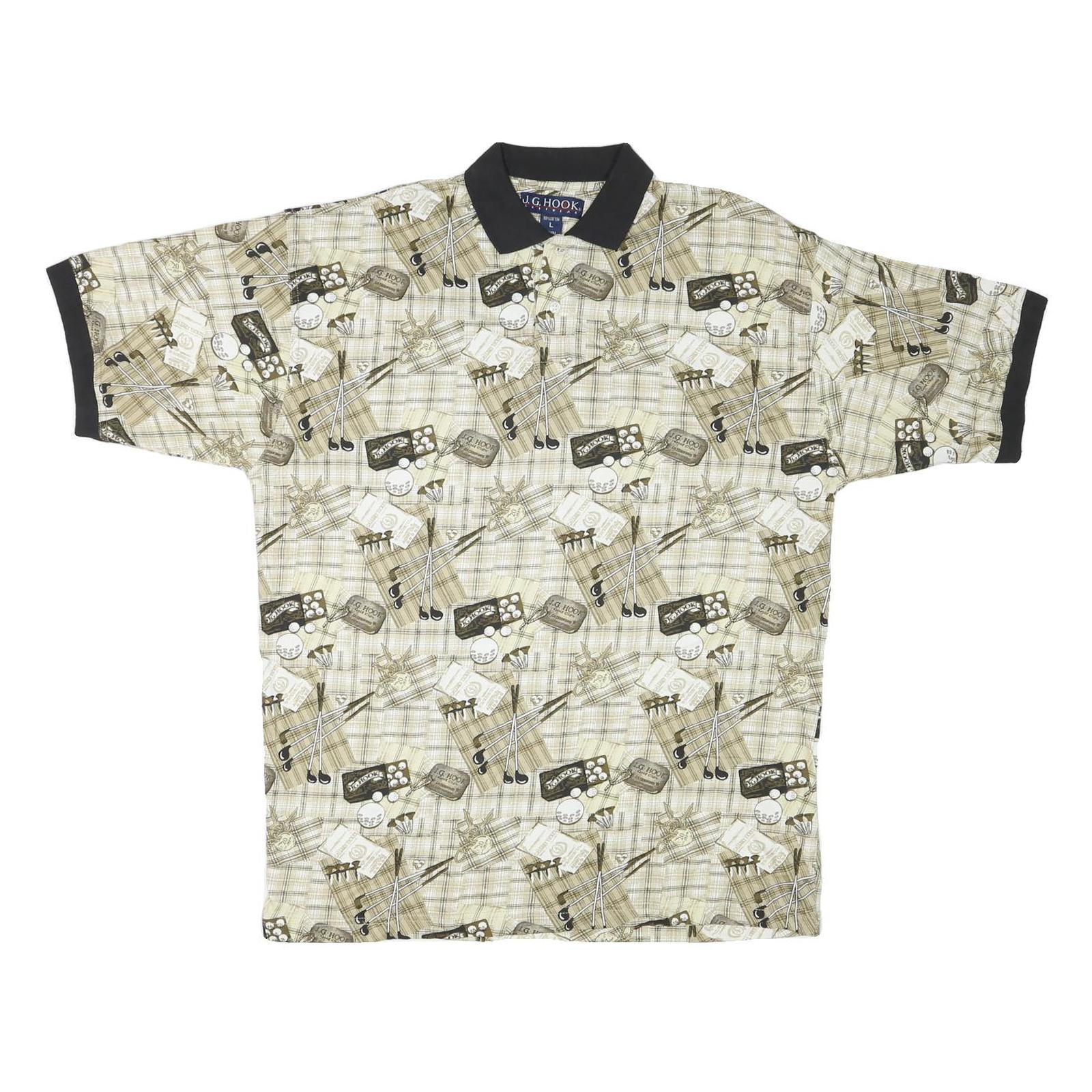 J G HOOK Mens Beige & Brown Golf Print Short Sleeve Polo Shirt L Cotton Blend