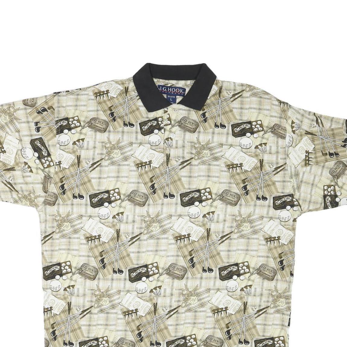 J G HOOK Mens Beige & Brown Golf Print Short Sleeve Polo Shirt L Cotton Blend